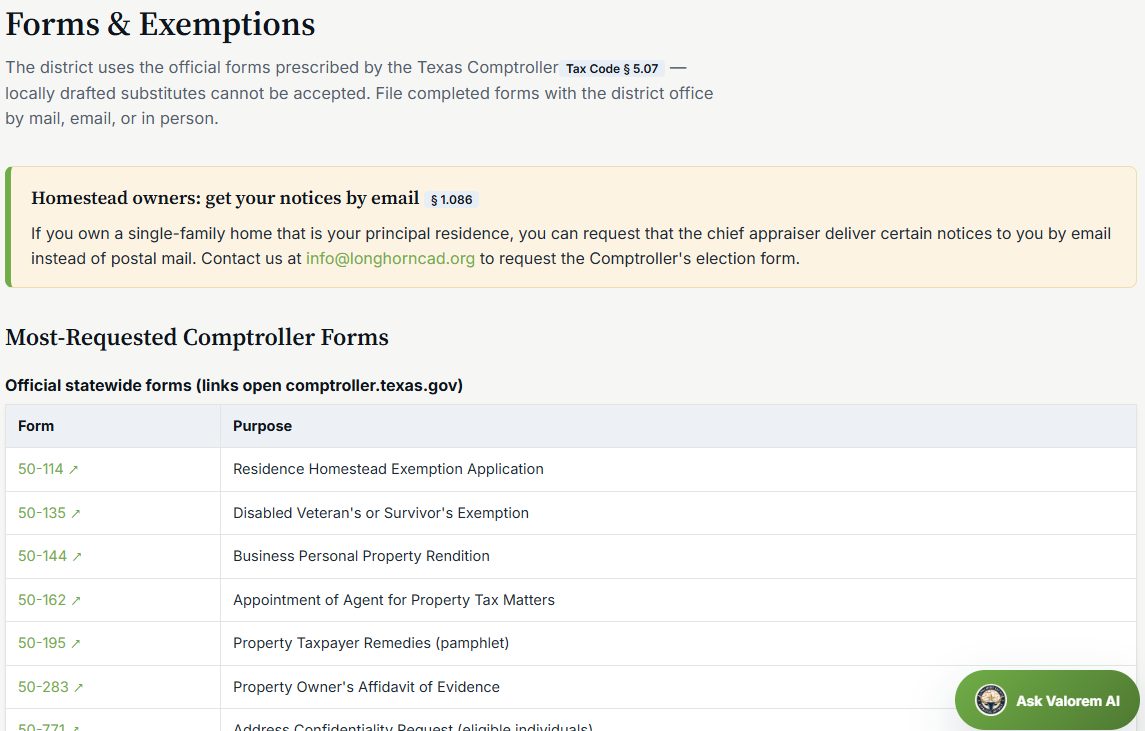 Forms and Exemptions page listing official Texas Comptroller property tax forms with statute citations
