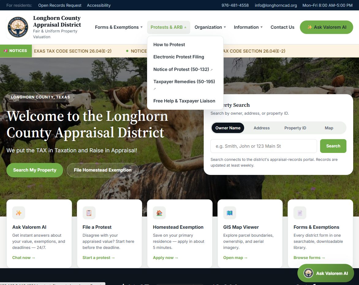 Longhorn County Appraisal District homepage built on Valorem AI, with hero image, property search, and quick links to protests, exemptions, and forms