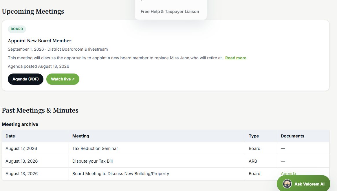 Upcoming Meetings and Past Meetings and Minutes page with agenda PDF and livestream links